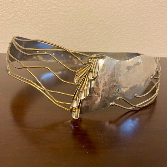 Vintage 1980s Brutalist Style Tooled Metal Belt w/Silver & Bronze Embellishments - Picture 2 of 7